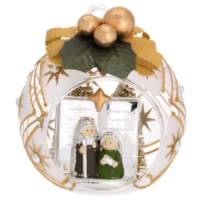 Bagutta Sfera Natalizia con Presepe Verde e Marrone in Capanna Finitura Oro Diametro 8 cm