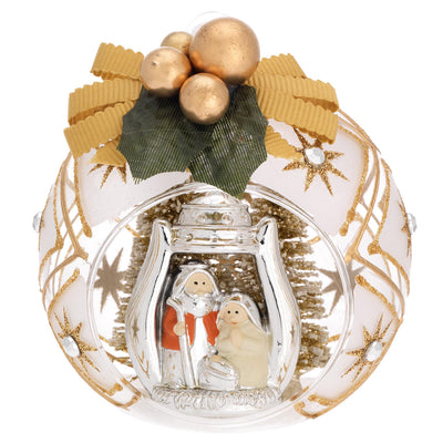 Bagutta Sfera Natalizia con Presepe Rosso e Bianco in Nicchia Finitura Oro Diametro 8 cm