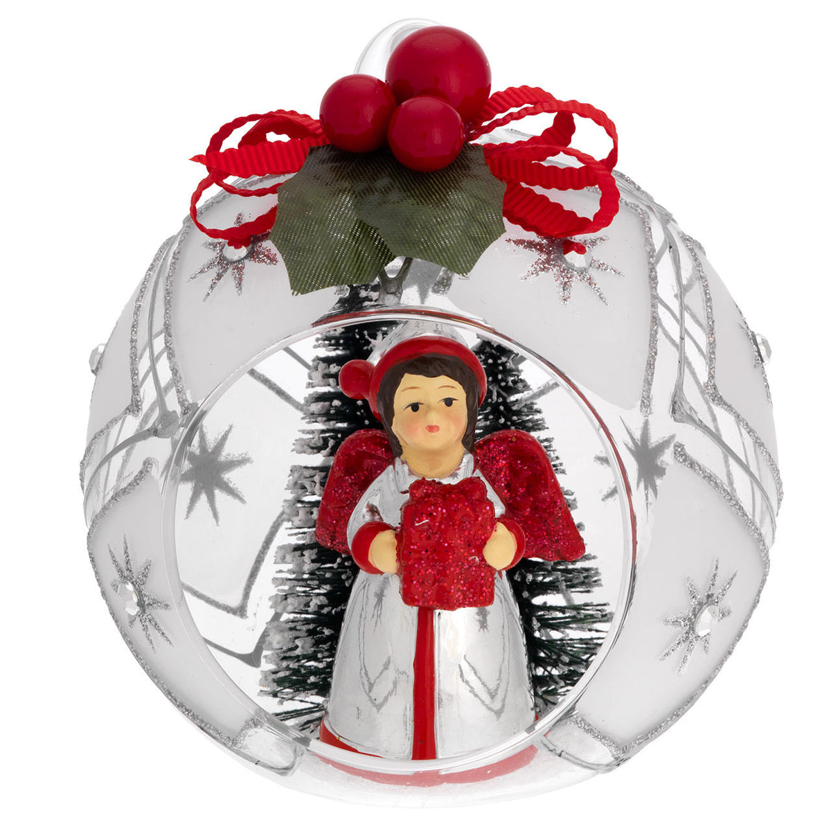 Bagutta Sfera Natalizia con Angelo e Pacco Regalo Finitura Argento Diametro 10 cm