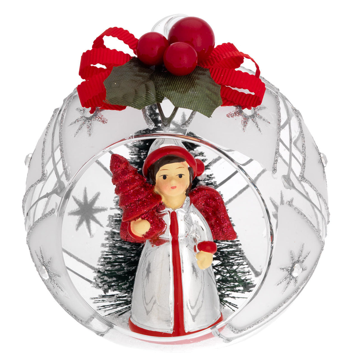 Bagutta Sfera Natalizia con Angelo e Albero Finitura Argento Diametro 10 cm
