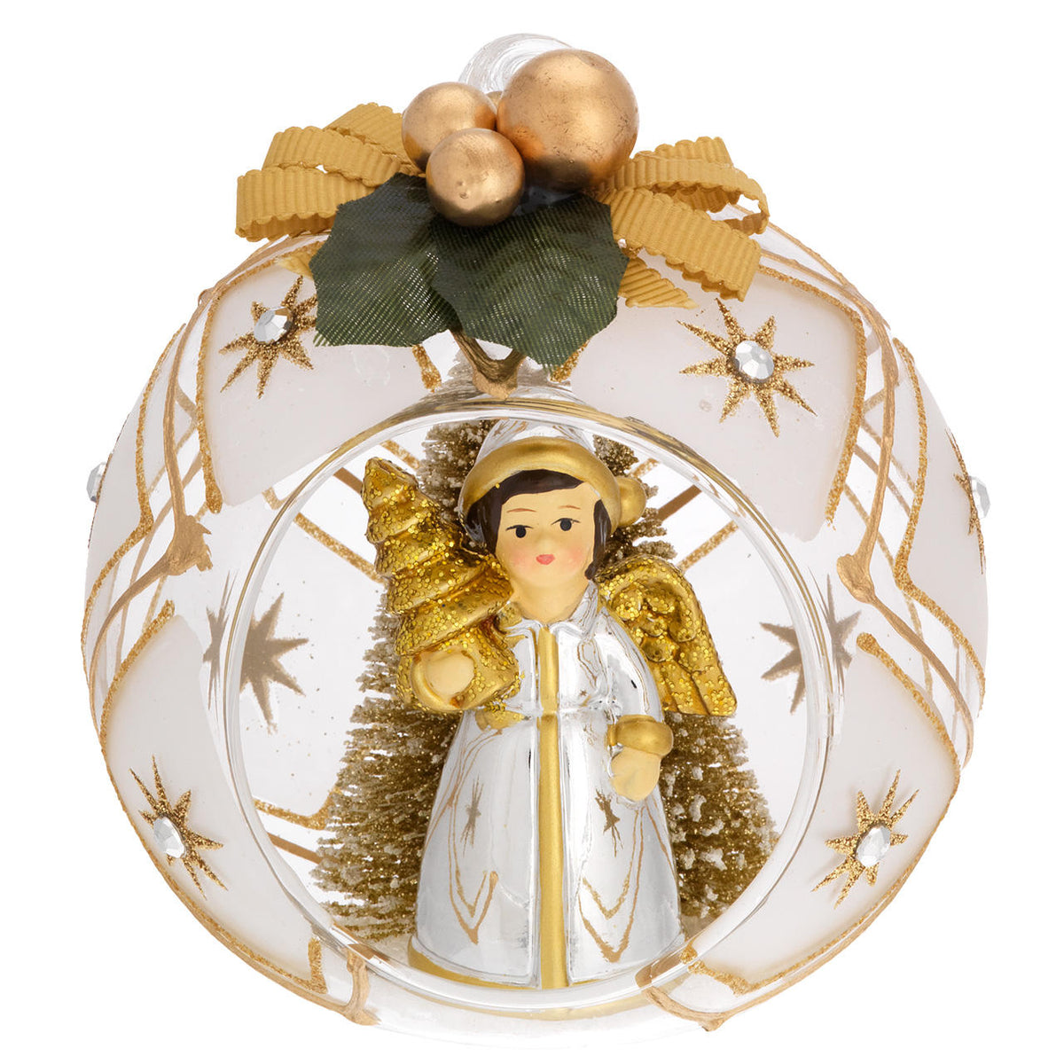 Bagutta Sfera Natalizia con Angelo e Albero Finitura Oro Diametro 10 cm