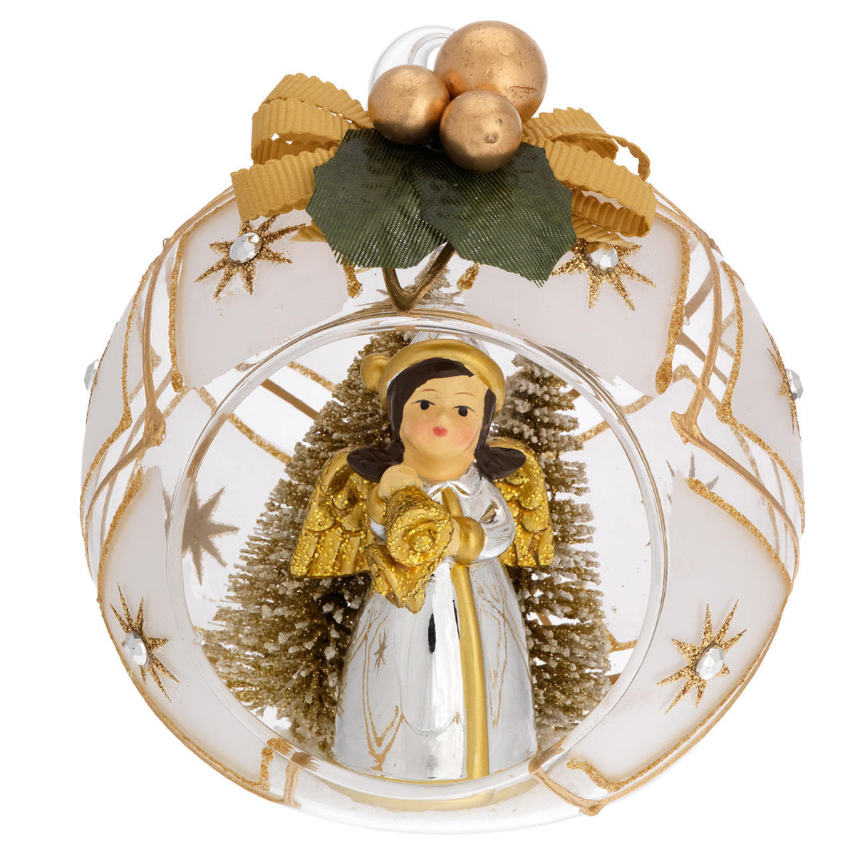 Bagutta Sfera Natalizia con Angelo e Campanelle Finitura Oro Diametro 10 cm