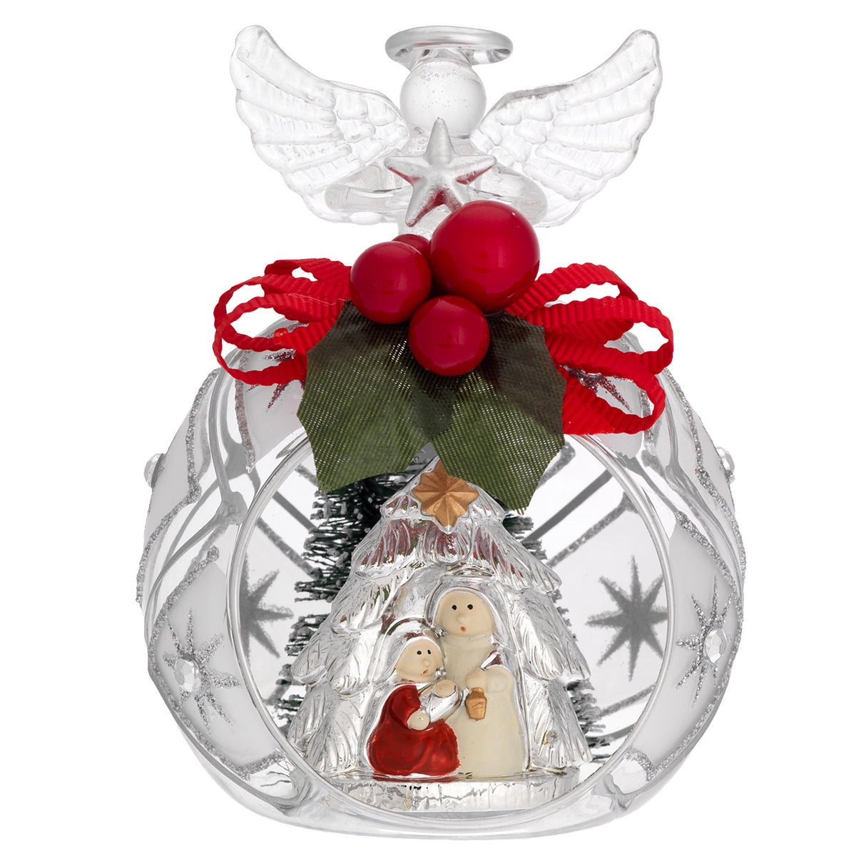 Bagutta Sfera Natalizia con Angelo e Presepe Bianco e Rosso, Finitura Argento 8x11 cm