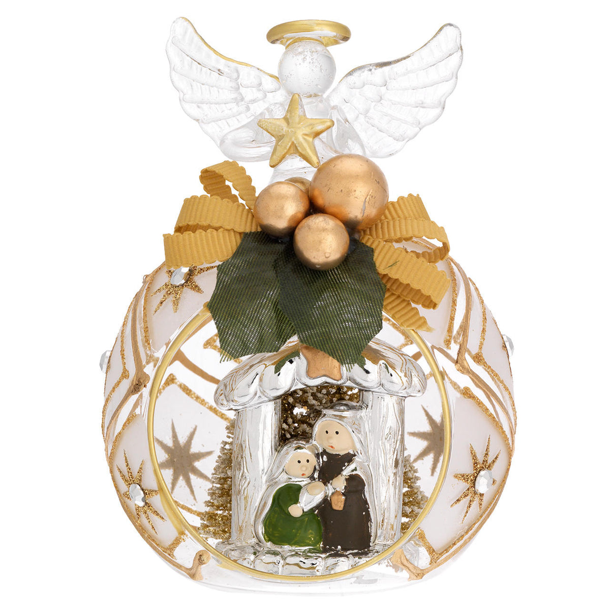 Bagutta Sfera Natalizia con Angelo e Presepe Verde e Bianco, Finitura Oro 8x11 cm