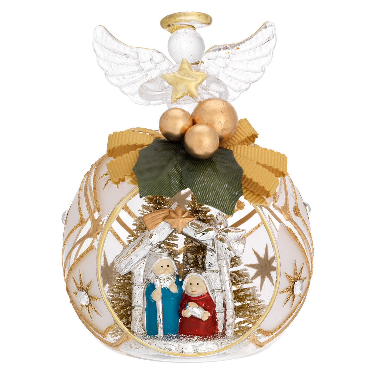 Bagutta Sfera Natalizia con Angelo e Presepe Blu e Rosso, Finitura Oro 8x11 cm