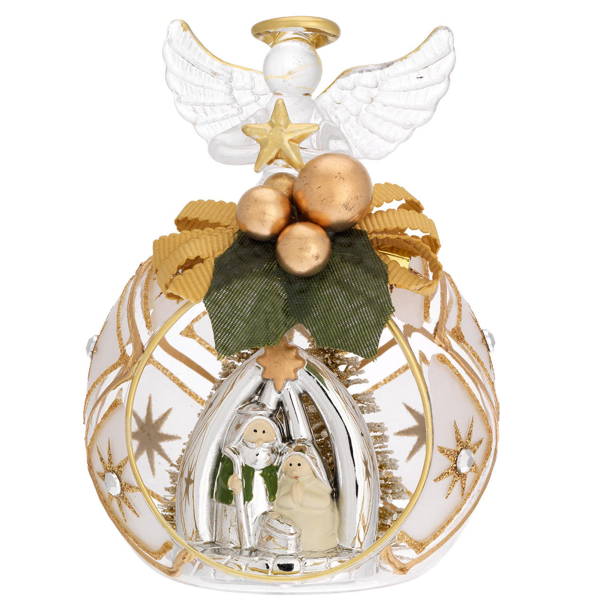 Bagutta Sfera Natalizia con Angelo e Presepe Bianco e Verde, Finitura Oro 8x11 cm