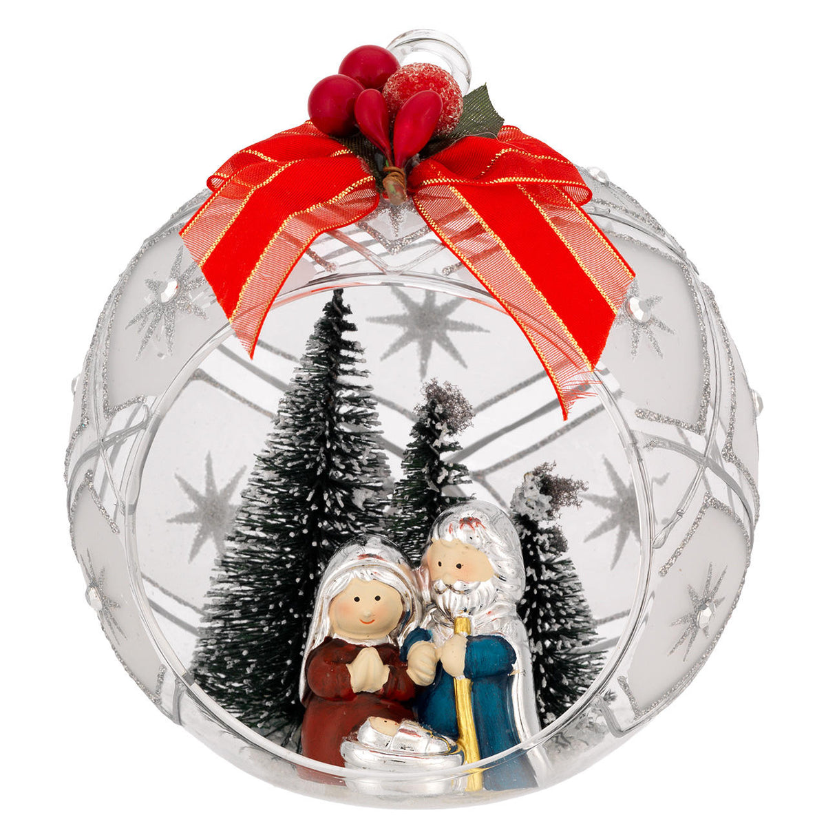 Bagutta Sfera Natalizia Aperta con Presepe e Abeti Finitura Argento Diametro 12 cm