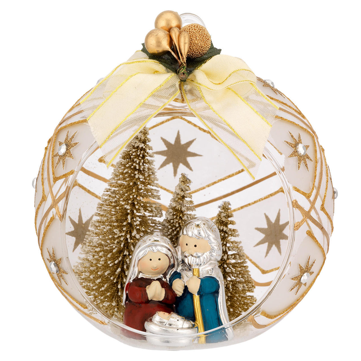 Bagutta Sfera Natalizia Aperta con Presepe e Abeti Finitura Oro Diametro 12 cm