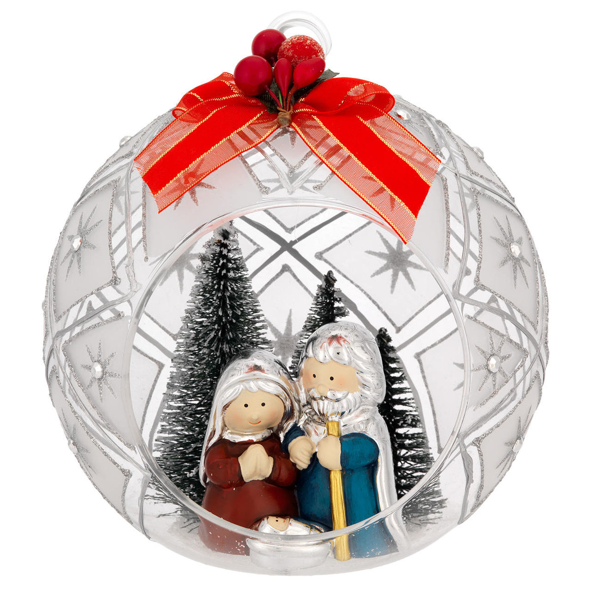 Bagutta Sfera Natalizia Aperta con Presepe e Abeti Finitura Argento Diametro 15 cm