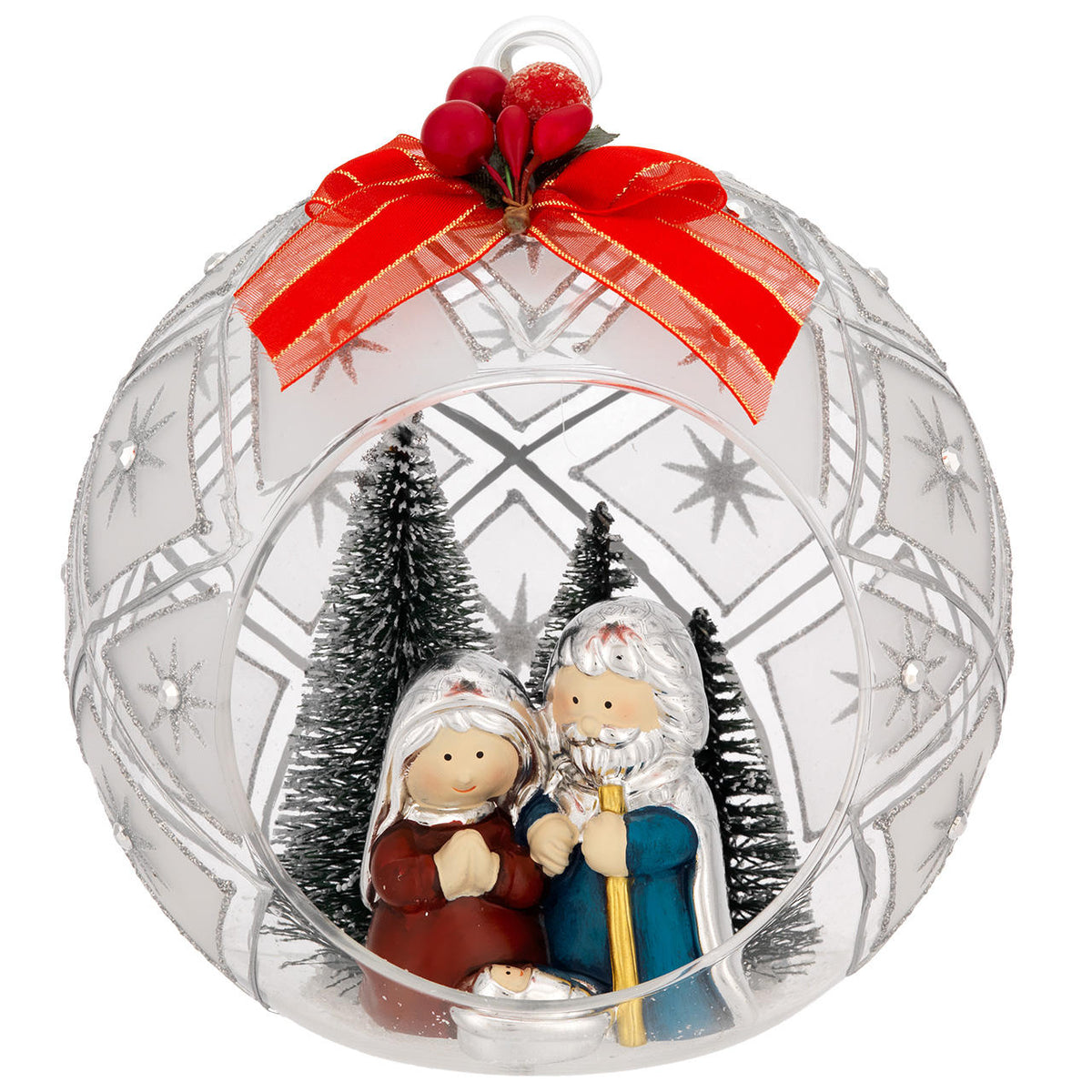 Bagutta Sfera Natalizia Aperta con Presepe e Abeti Finitura Argento Diametro 18 cm