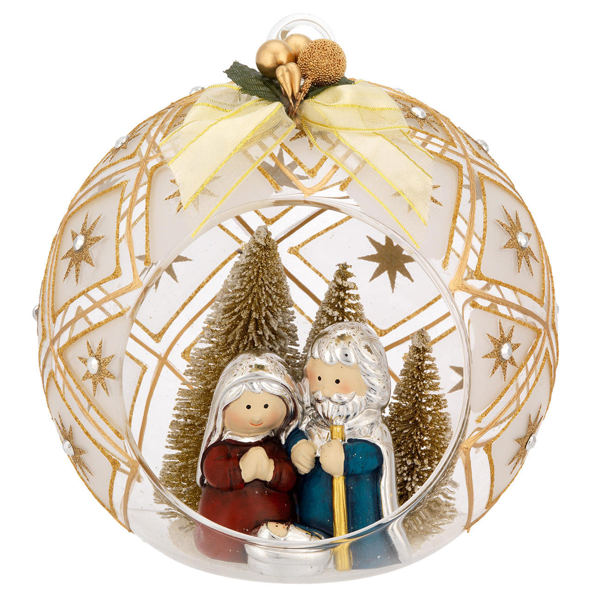 Bagutta Sfera Natalizia Aperta con Presepe e Abeti Finitura Oro Diametro 18 cm
