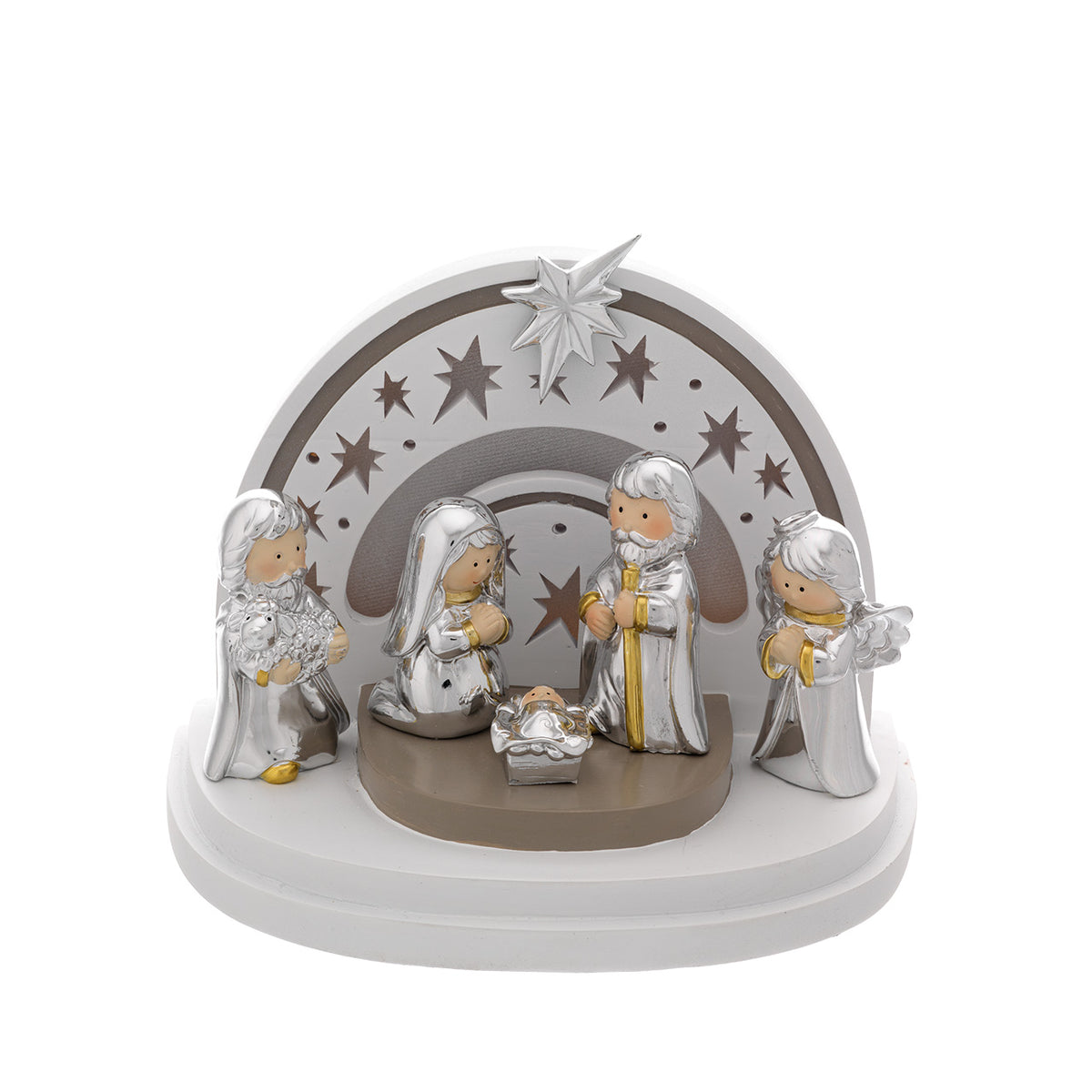 Bagutta Presepe Natalizio Europeo con Parete ad Arcobaleno LED 5 Figure 12x18x15 cm
