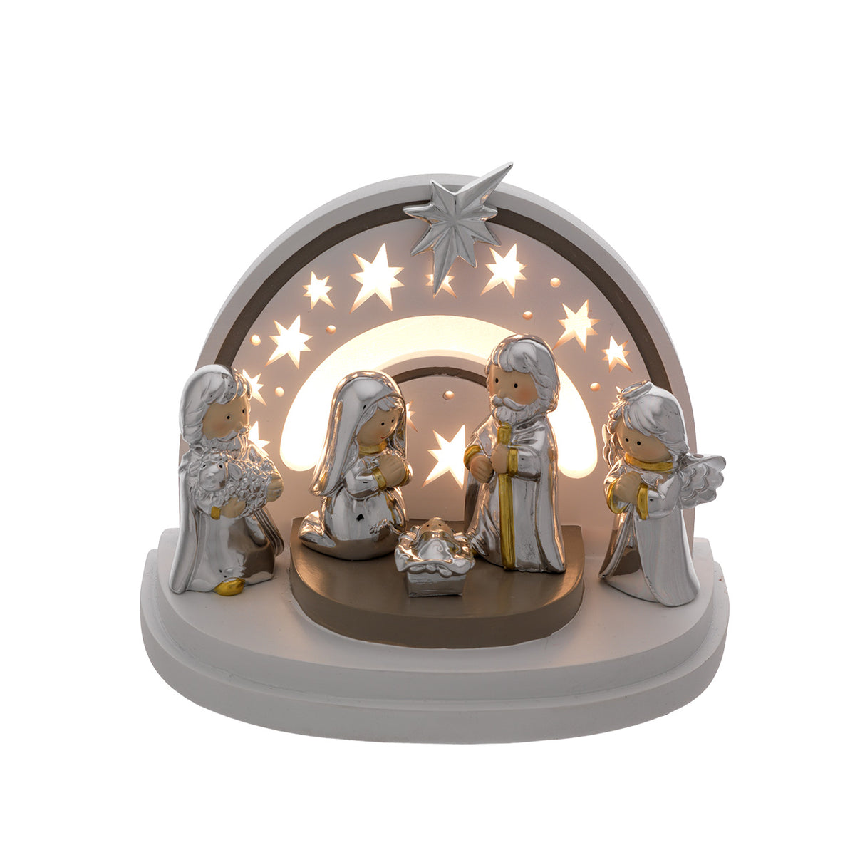 Bagutta Presepe Natalizio Europeo con Parete ad Arcobaleno LED 5 Figure 12x18x15 cm