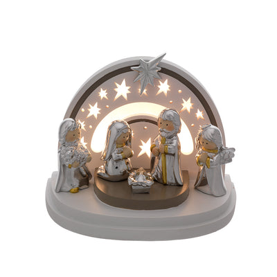 Bagutta Presepe Natalizio Europeo con Parete ad Arcobaleno LED 5 Figure 12x18x15 cm