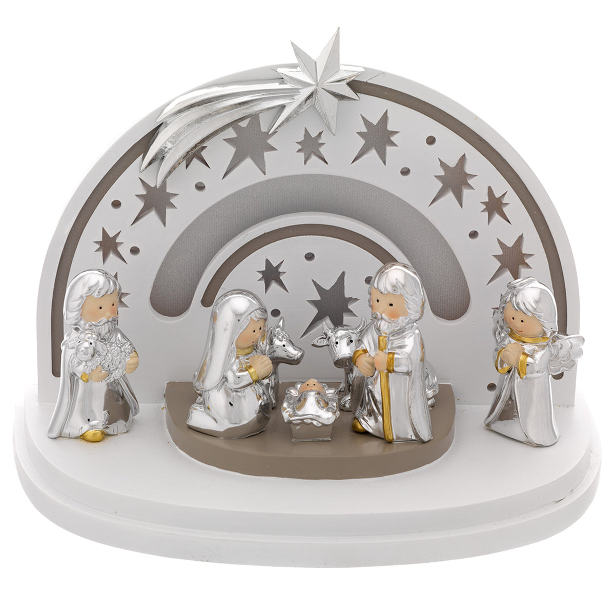 Bagutta Presepe Natalizio Europeo con Parete ad Arcobaleno LED 7 Figure 14x24x16 cm