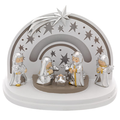 Bagutta Presepe Natalizio Europeo con Parete ad Arcobaleno LED 7 Figure 14x24x16 cm
