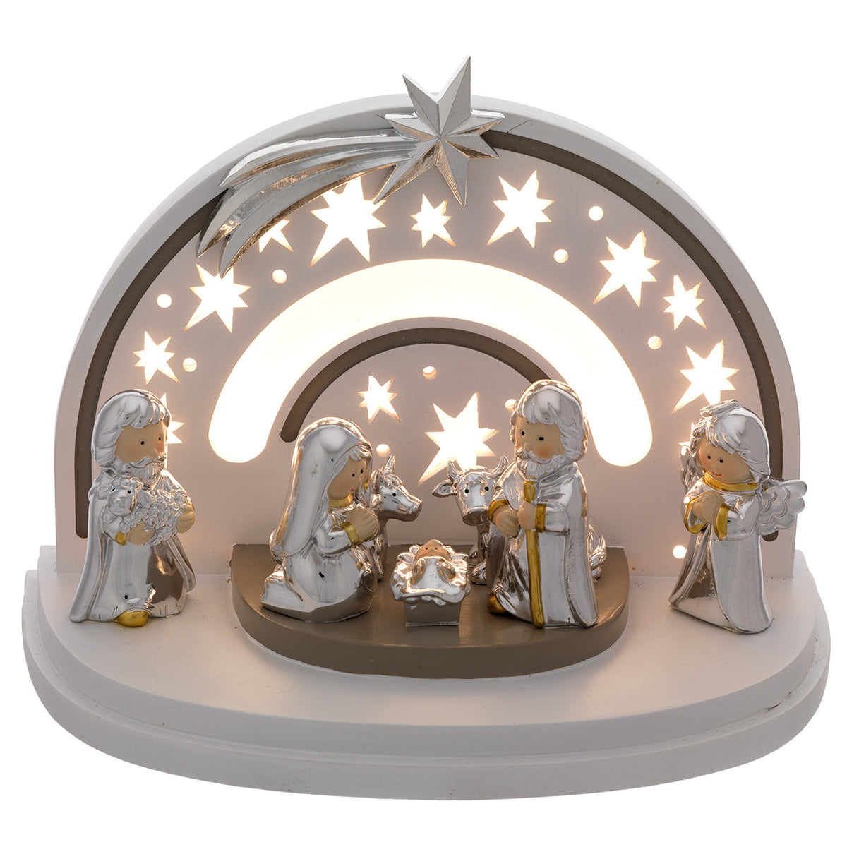 Bagutta Presepe Natalizio Europeo con Parete ad Arcobaleno LED 7 Figure 14x24x16 cm
