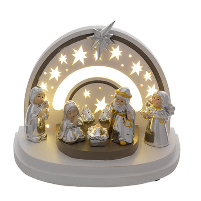 Bagutta Presepe Natalizio Provenzale con Parete ad Arcobaleno LED 7 Figure 12x18x15 cm
