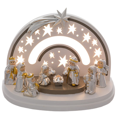 Bagutta Presepe Natalizio Provenzale con Parete ad Arcobaleno LED 10 Figure 14x24x16 cm