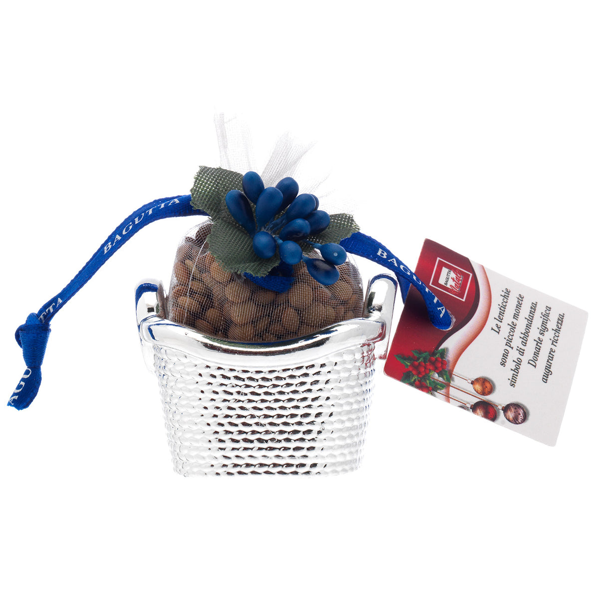 Bagutta Cestello Portafortuna con Lenticchie e Fiore Blu 5x5 cm