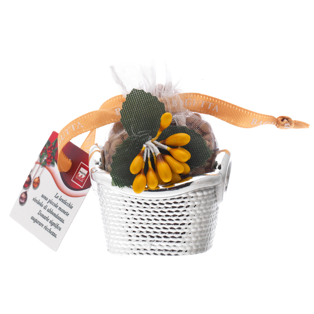 Bagutta Cestello Portafortuna con Lenticchie e Fiore Oro 5x5 cm