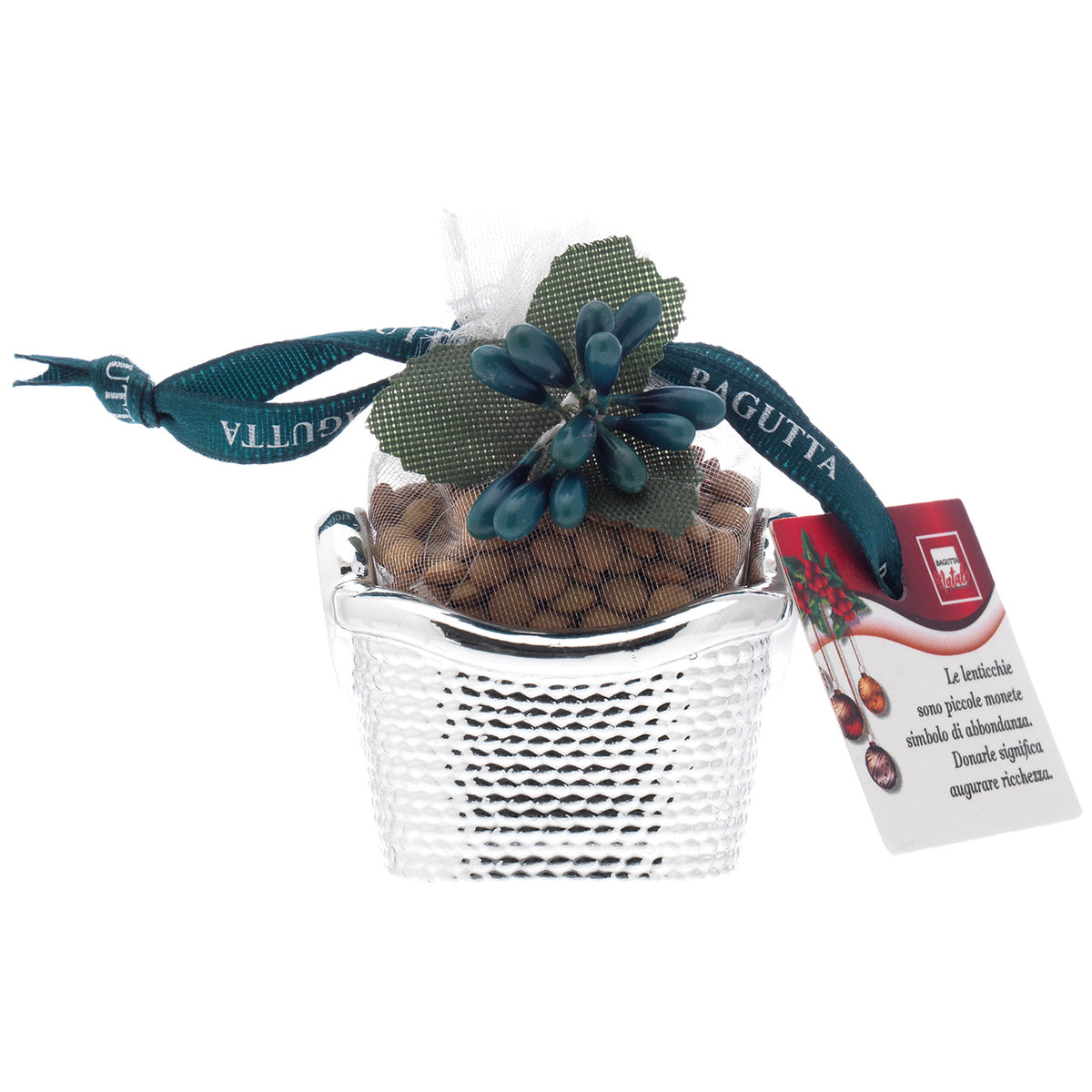 Bagutta Cestello Portafortuna con Lenticchie e Fiore Verde 5x5 cm