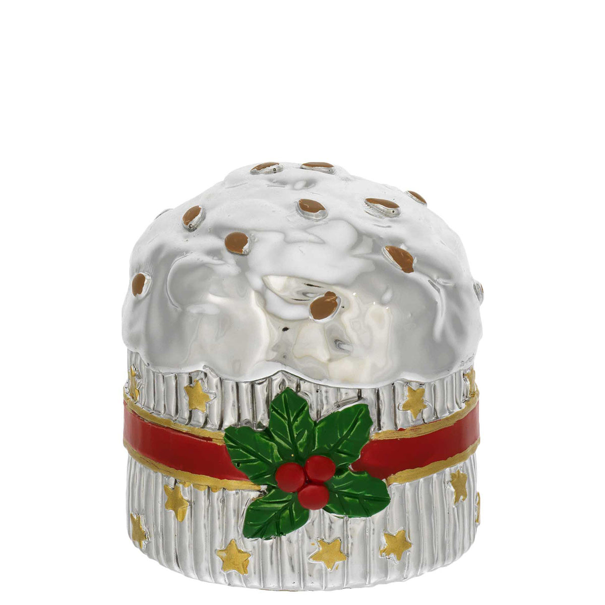 Bagutta Mini Panettone Decorativo Bianco con Nastro Oro e Agrifoglio 6x6 cm