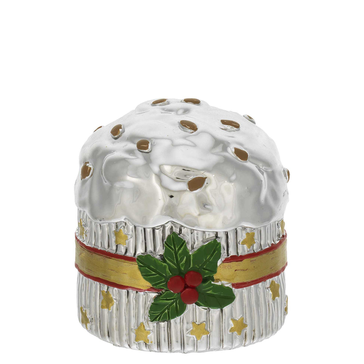Bagutta Mini Panettone Decorativo Bianco con Nastro Verde e Agrifoglio 6x6 cm