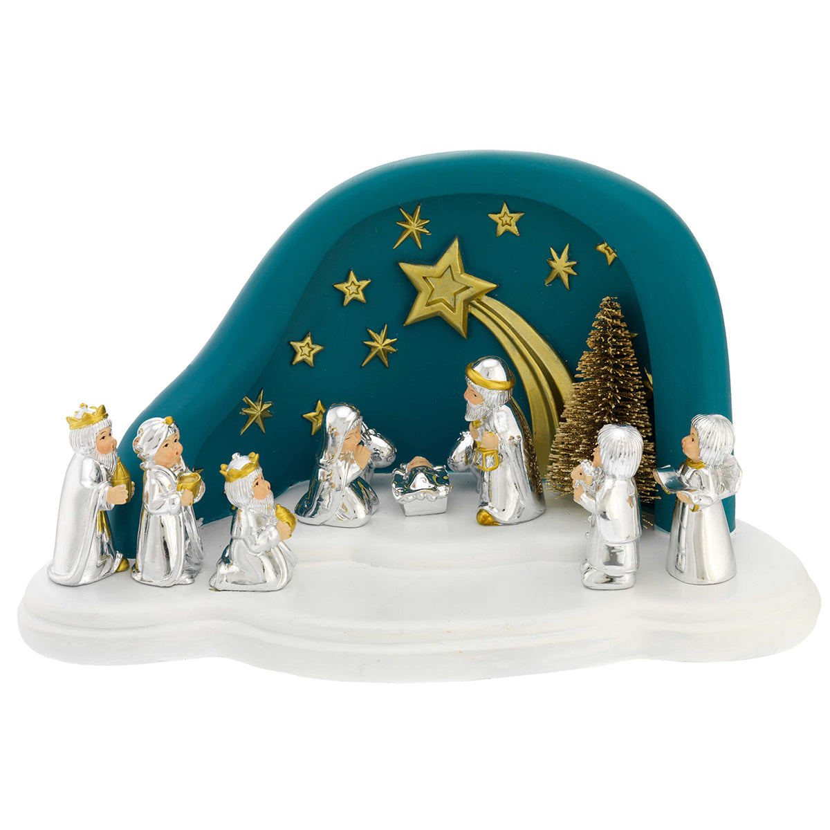 Bagutta Presepe Natalizio Provenzale con Capanna a Nuvola LED Ottanio 10 Figure 27x15x14 cm