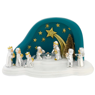 Bagutta Presepe Natalizio Provenzale con Capanna a Nuvola LED Ottanio 10 Figure 27x15x14 cm