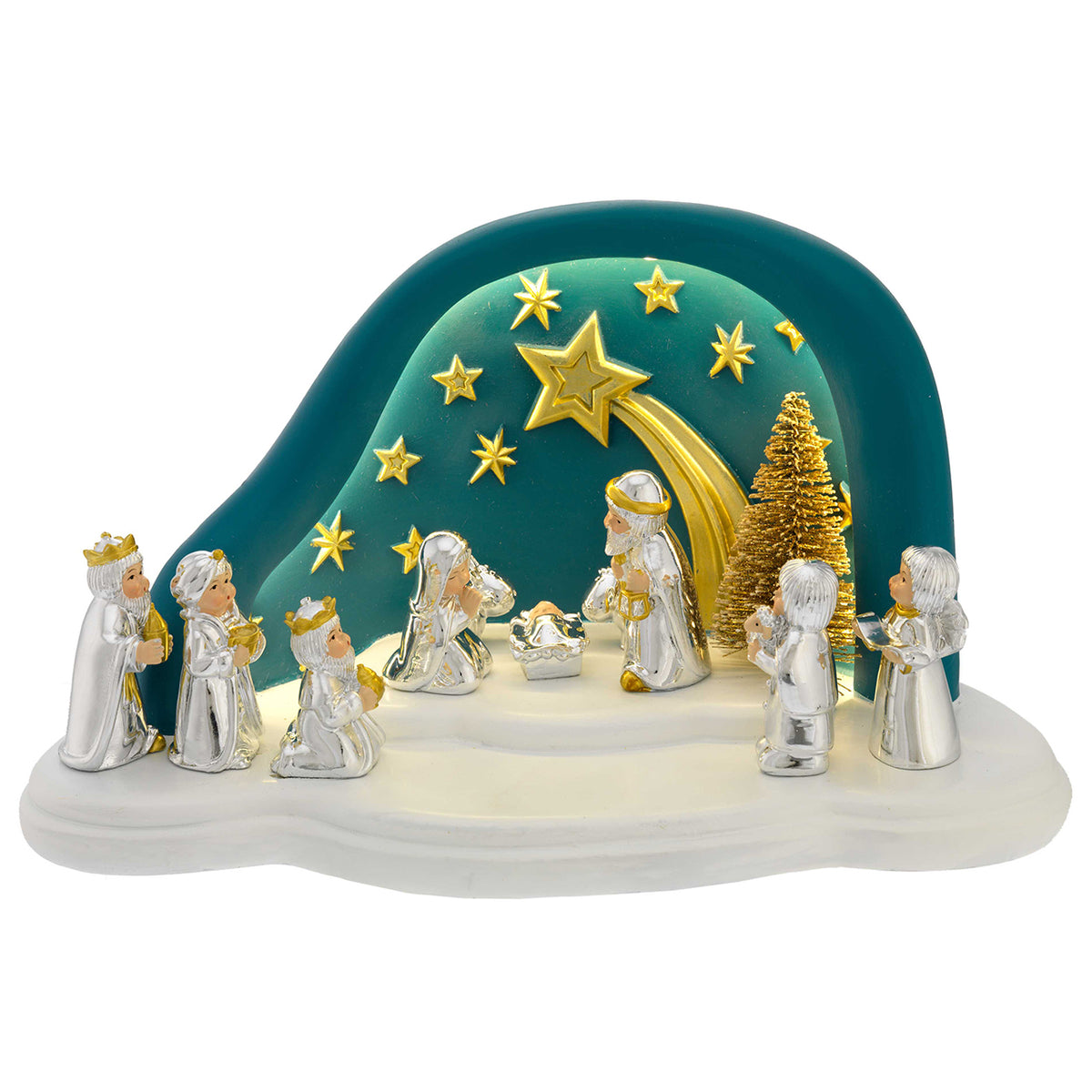 Bagutta Presepe Natalizio Provenzale con Capanna a Nuvola LED Ottanio 10 Figure 27x15x14 cm