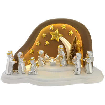 Bagutta Presepe Natalizio Provenzale con Capanna a Nuvola LED Tortora 10 Figure 27x15x14 cm