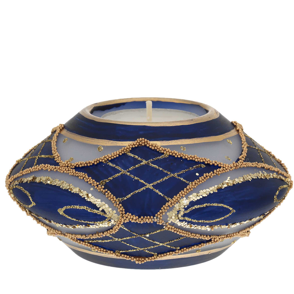 Bagutta Portacandela Natalizio Ellittico Blu con Tealight Inclusa 11x6 cm