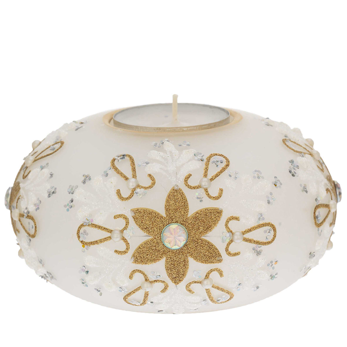 Bagutta Portacandela Natalizio Ovale Bianco con Fiore Oro e Tealight 11x6 cm