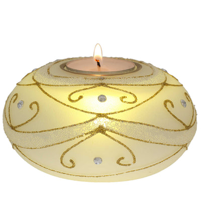 Bagutta Portacandela Natalizio Ovale Bianco con Fiore Oro e Tealight 11x6 cm
