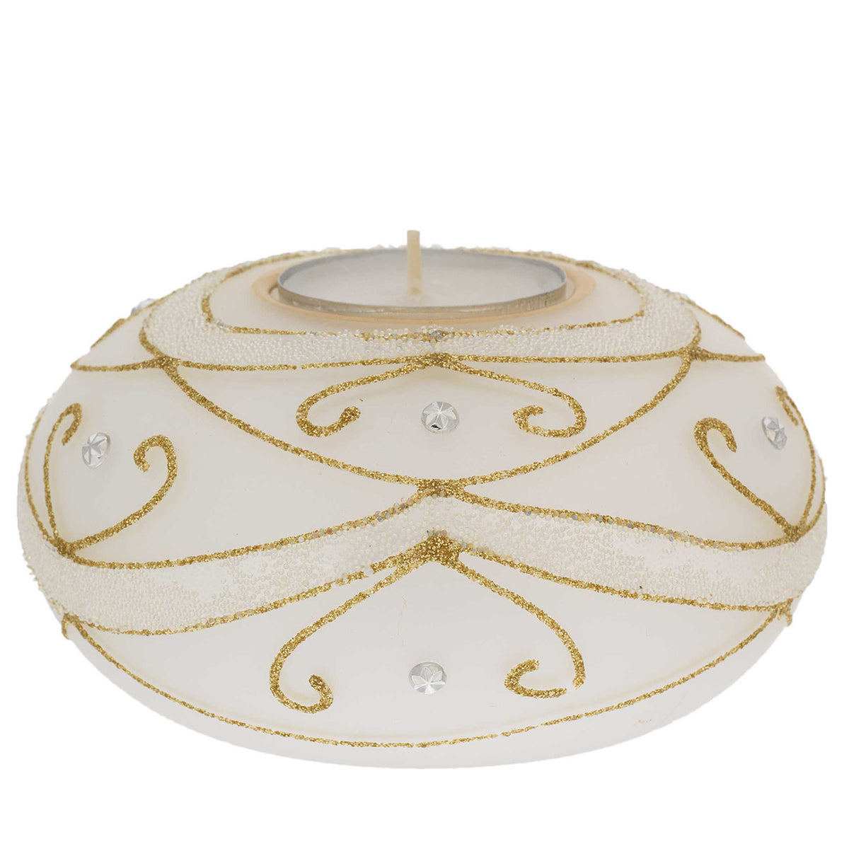 Bagutta Portacandela Natalizio Ovale Avorio con Riccioli Oro e Tealight 11x6 cm