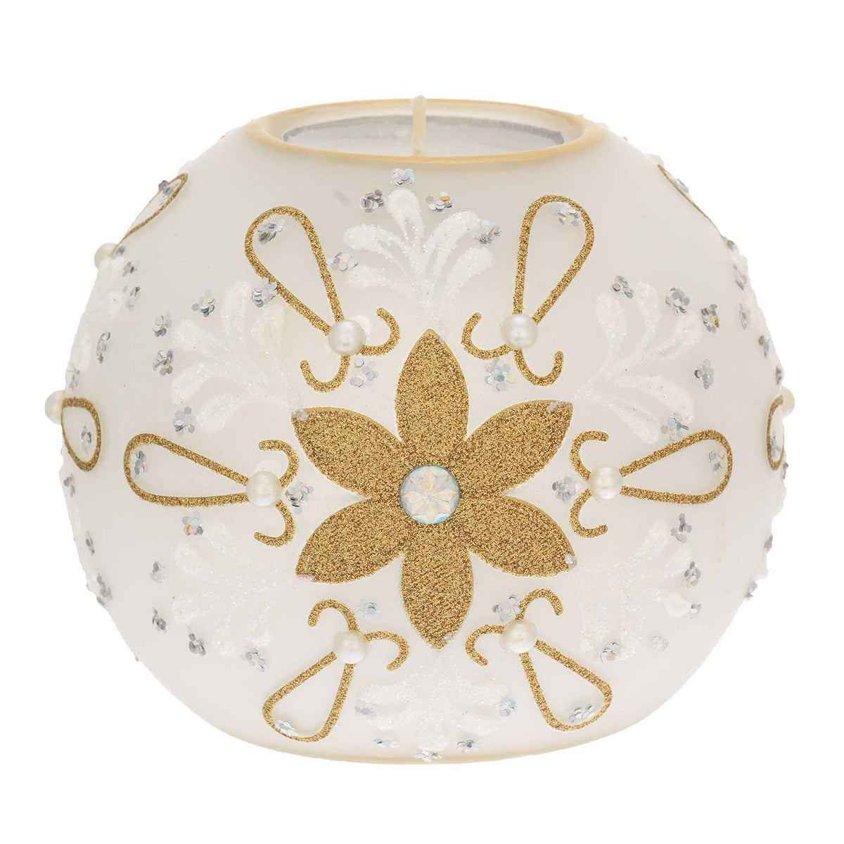 Bagutta Portacandela Natalizio a Sfera Bianco con Fiore Oro e Tealight 10 cm