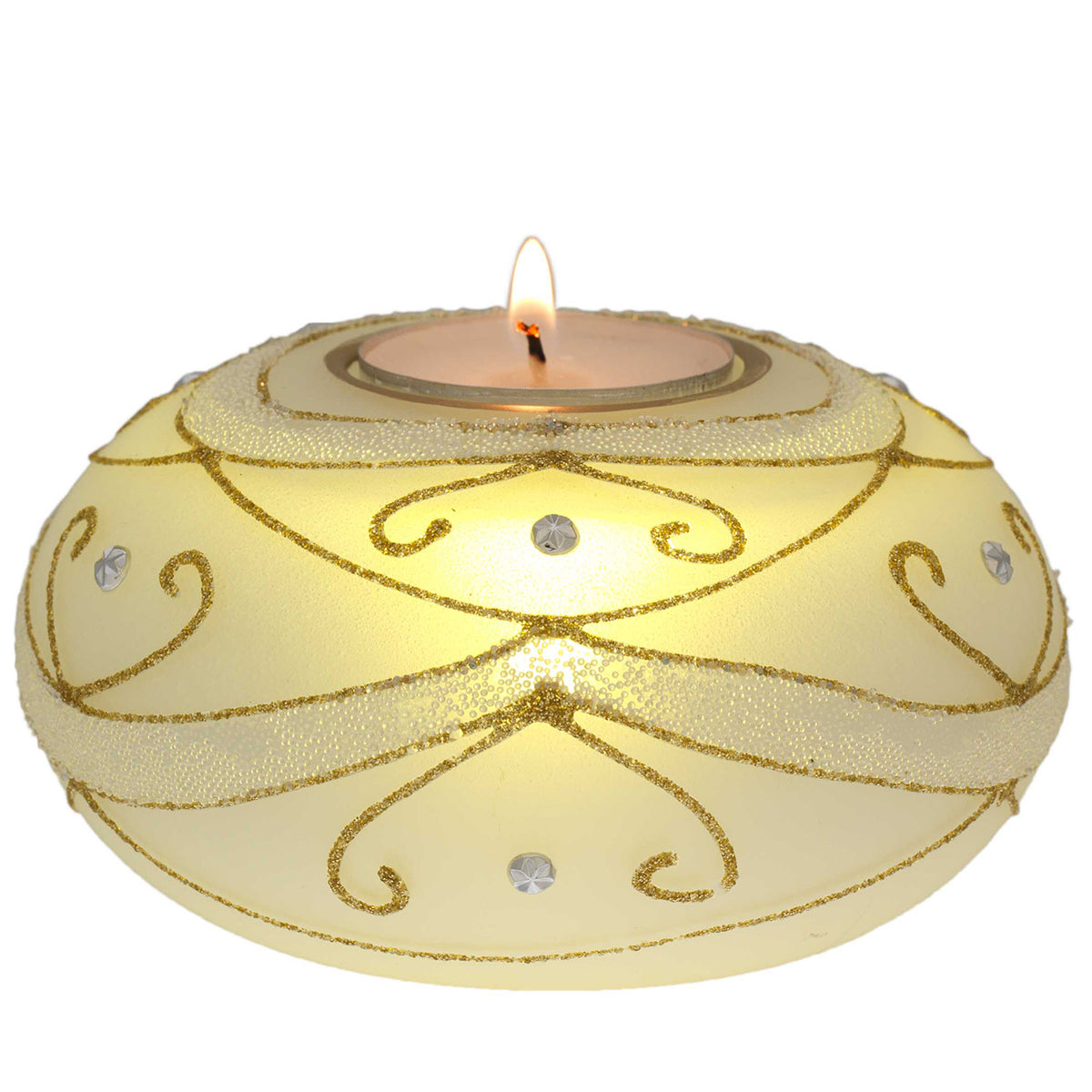 Bagutta Portacandela Natalizio a Sfera Bianco con Fiore Oro e Tealight 10 cm