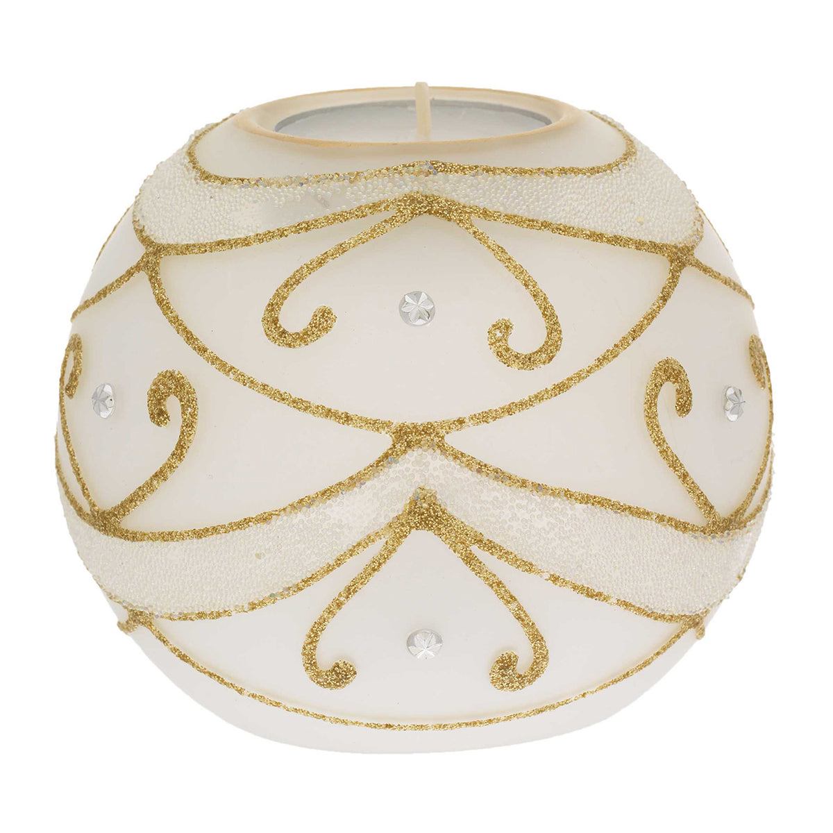 Bagutta Portacandela Natalizio a Sfera Avorio con Riccioli Oro e Tealight 10 cm