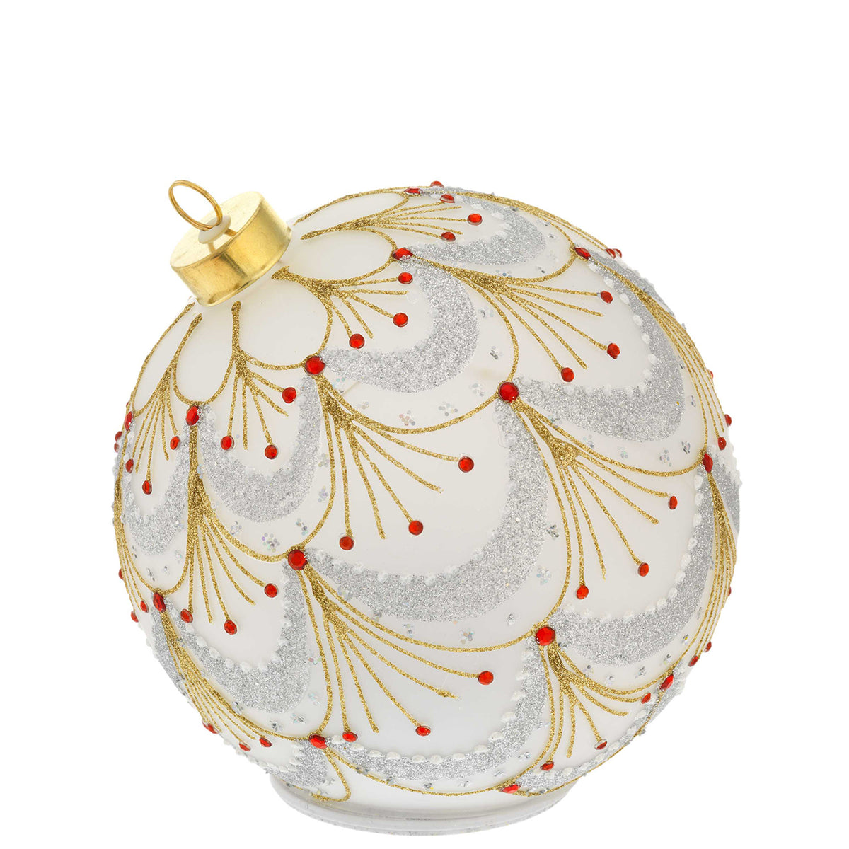 Bagutta Sfera Natalizia Girevole LED Bianca con Foglie Oro e Gemme Rosse Ø 18 cm