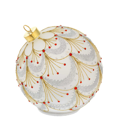 Bagutta Sfera Natalizia Girevole LED Bianca con Foglie Oro e Gemme Rosse Ø 18 cm