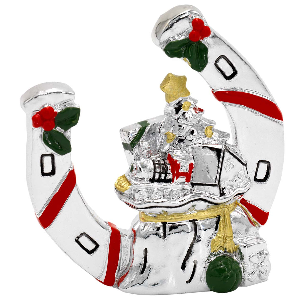 Bagutta Ferro di Cavallo Portafortuna Natalizio con Albero e Sacco Smaltati 7,5 cm