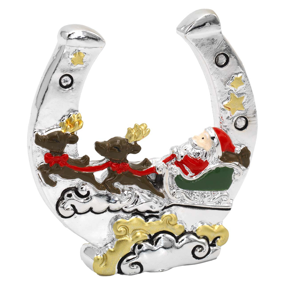 Bagutta Ferro di Cavallo Portafortuna Natalizio con Babbo Natale sulla Slitta Smaltata 7,5 cm
