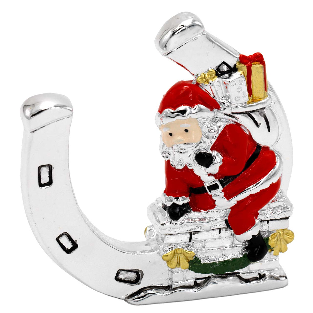 Bagutta Ferro di Cavallo Portafortuna Natalizio con Babbo Natale sul Camino Smaltato 7,5 cm