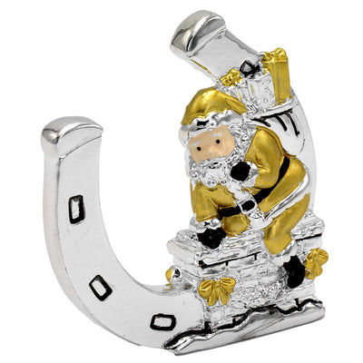 Bagutta Ferro di Cavallo Portafortuna Natalizio con Babbo Natale sul Camino Dorato 7,5 cm