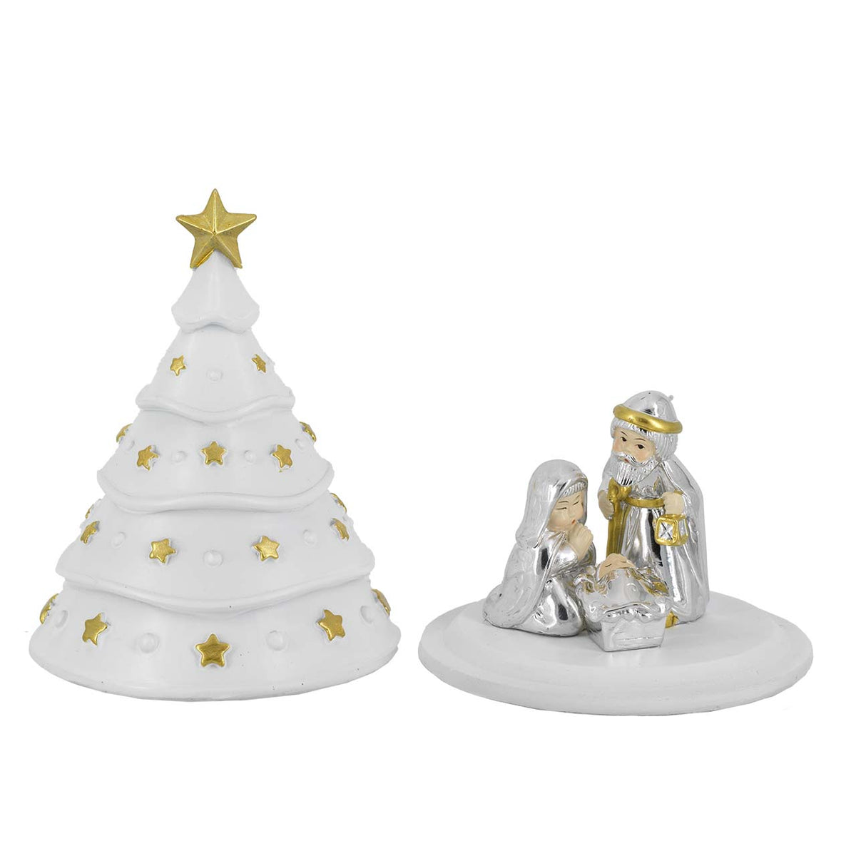 Bagutta Albero di Natale a Cupola Bianco con Stelle Oro e Presepe 10x13 cm