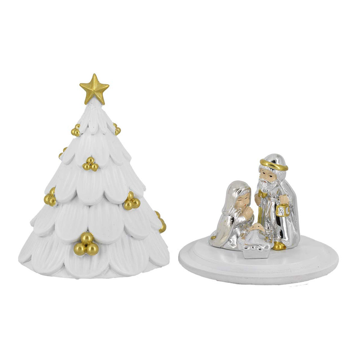 Bagutta Albero di Natale a Cupola Bianco con Palline Oro e Presepe 10x13 cm