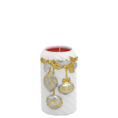 Bagutta Portacandela Cilindrico Natalizio Bianco con Palline Oro 6,5x10 cm Tealight Inclusa