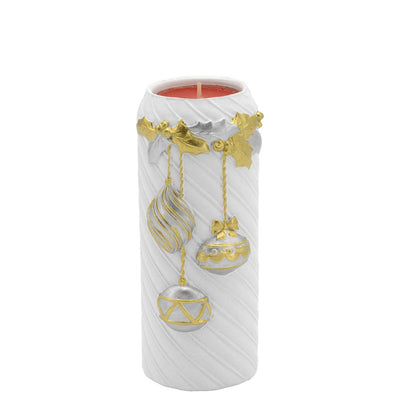 Bagutta Portacandela Cilindrico Natalizio Bianco con Palline Oro 6,5x14 cm Tealight Inclusa