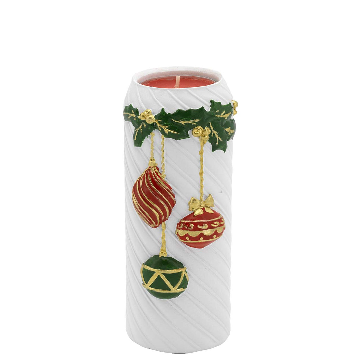 Bagutta Portacandela Cilindrico Natalizio Bianco con Palline Rosse e Verdi 6,5x14 cm Tealight Inclusa